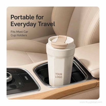 Custom logo 340 mL coffee tumbler placed in a car cup holder.