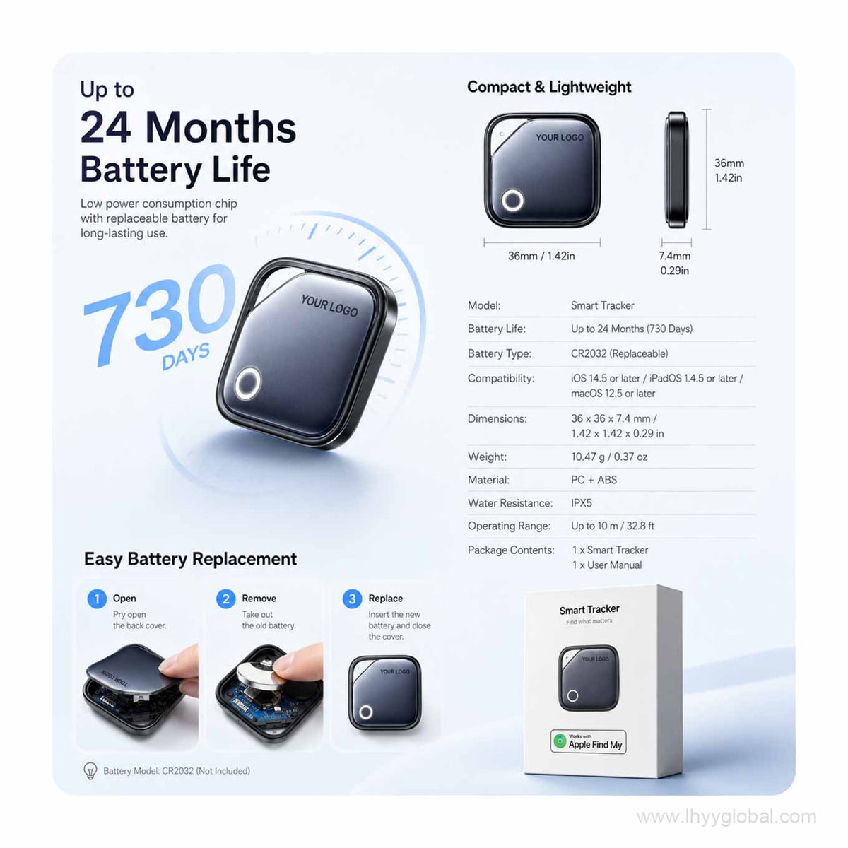 Custom logo smart tracker specification graphic showing replaceable CR2032 battery and compact dimensions