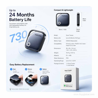 Custom logo smart tracker specification graphic showing replaceable CR2032 battery and compact dimensions