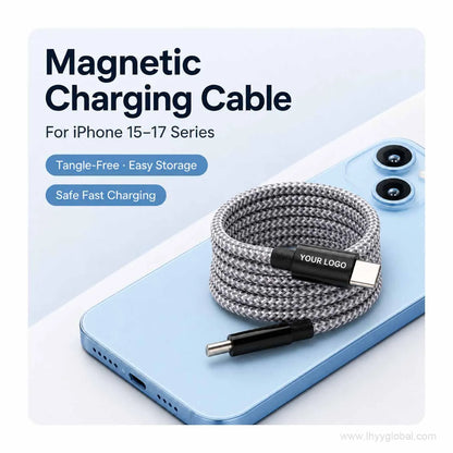 Silver gray magnetic self-coiling USB-C charging cable with customizable YOUR LOGO area displayed on a smartphone.