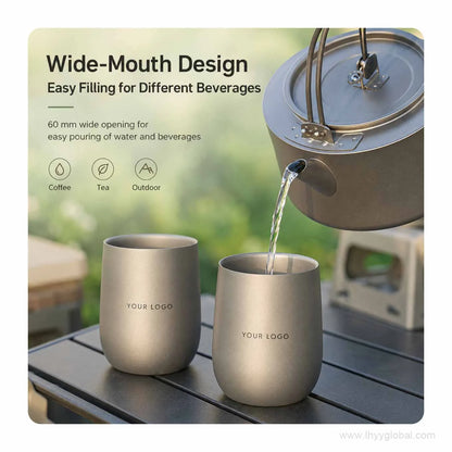 Custom pure titanium double-wall cups with wide-mouth design for coffee, tea and outdoor use