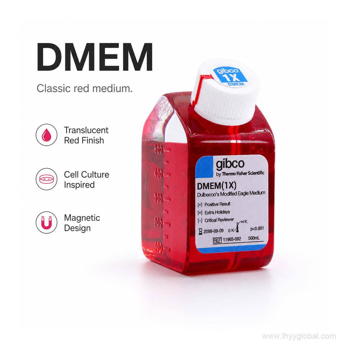 DMEM scientific fridge magnet with translucent red finish, cell culture inspired design, and magnetic feature icons.
