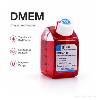 DMEM scientific fridge magnet with translucent red finish, cell culture inspired design, and magnetic feature icons.