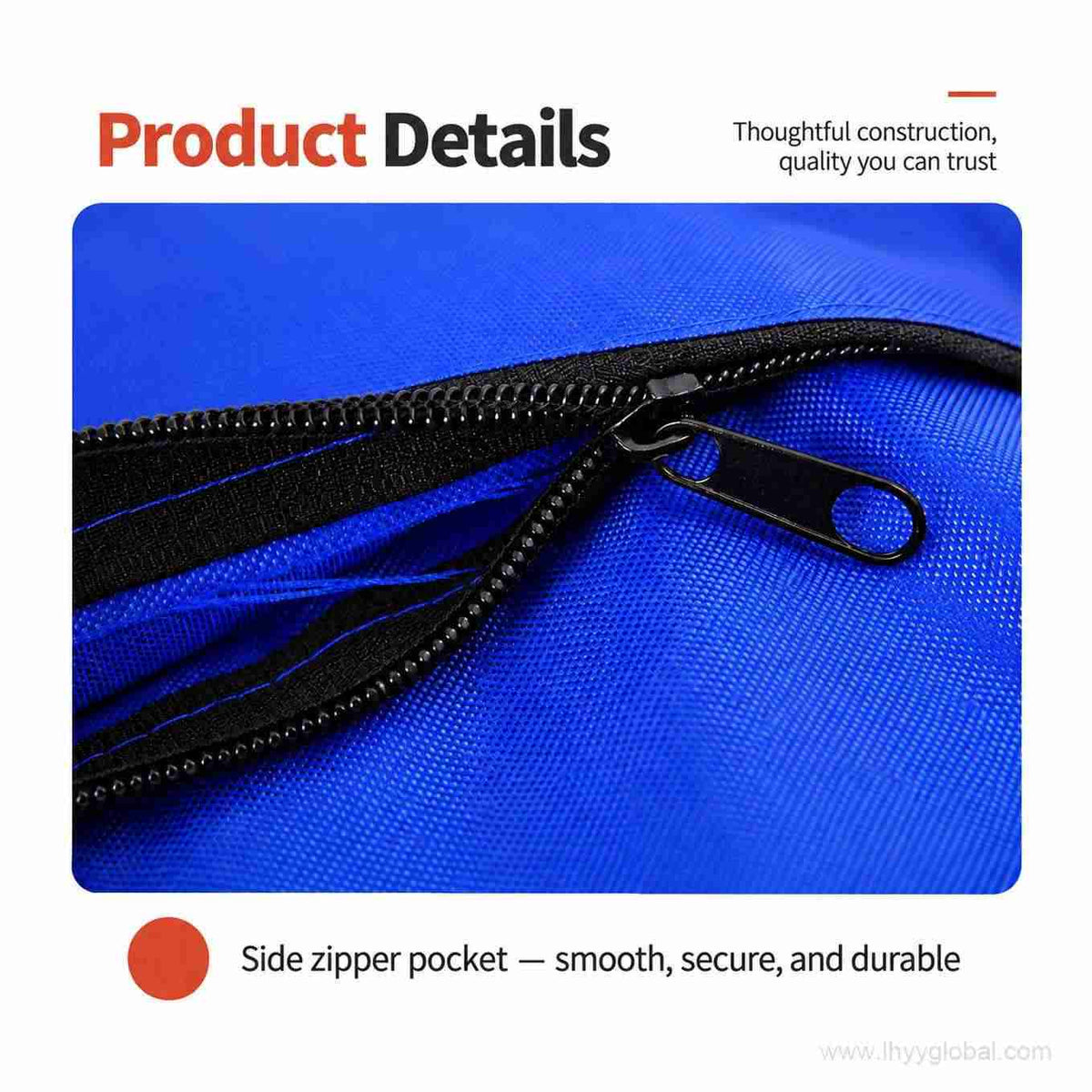 Close-up of the black zipper pocket on a blue custom drawstring bag