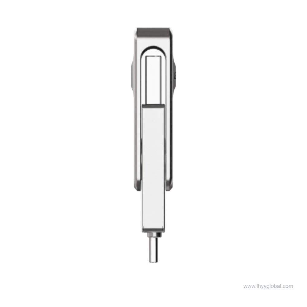 Dual-interface flash drive showing the USB-A connector and silver swivel body