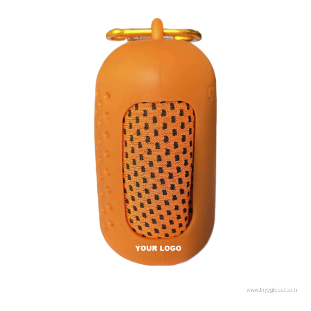 Orange portable cooling towel storage case with carrying clip