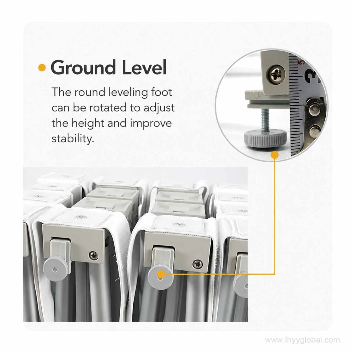 Adjustable round leveling foot for stabilizing a straight pop-up trade show display on the floor