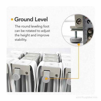 Adjustable round leveling foot for stabilizing a straight pop-up trade show display on the floor