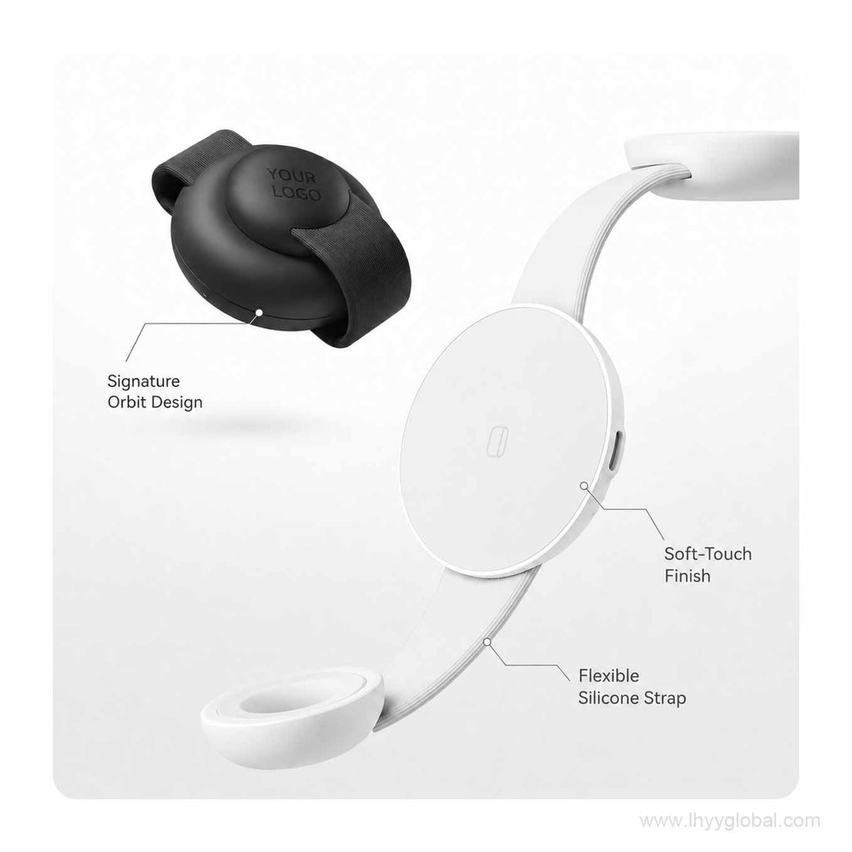 Foldable magnetic wireless charger with soft-touch finish and flexible silicone strap
