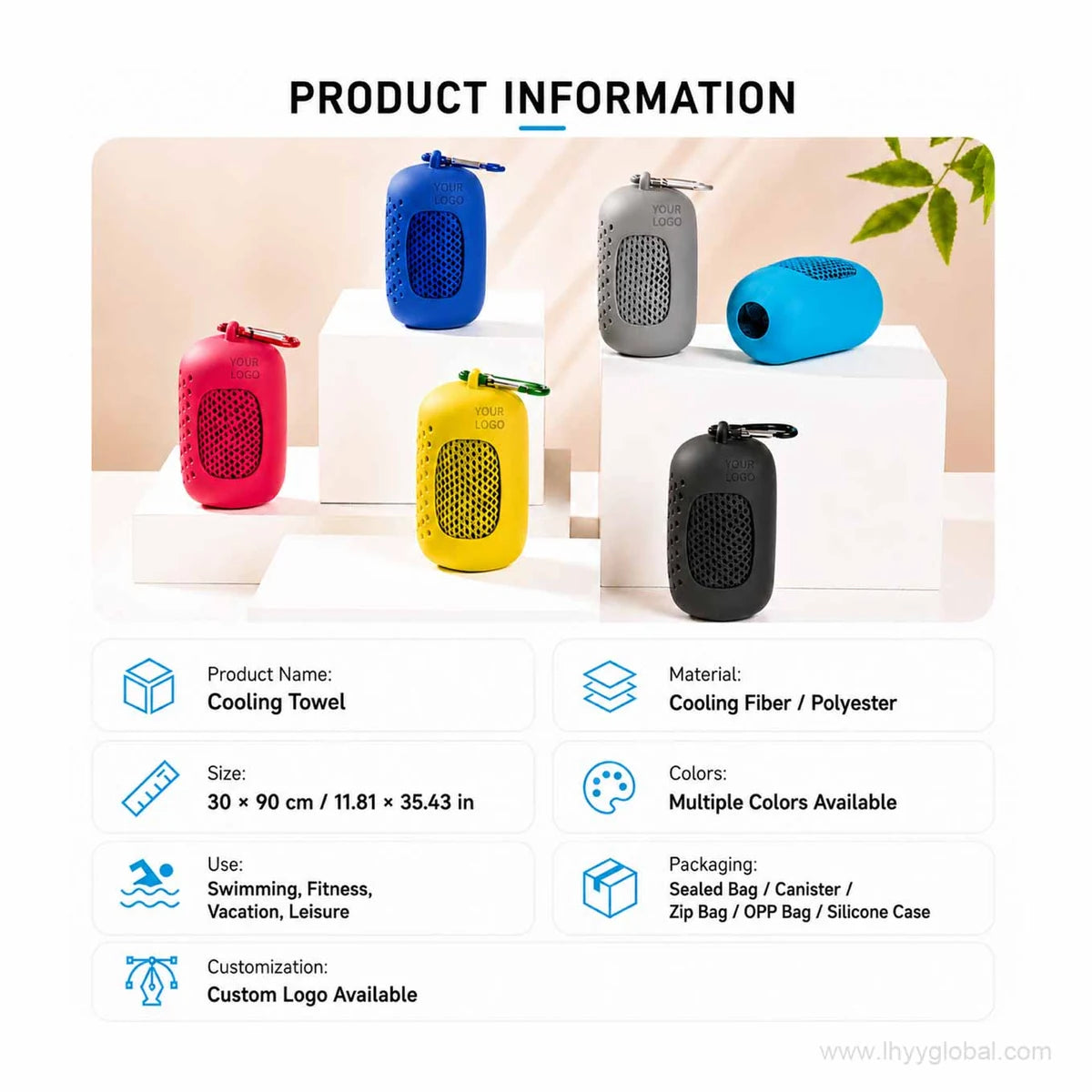 Custom cooling towel product information showing 30 by 90 centimeter size and silicone case option