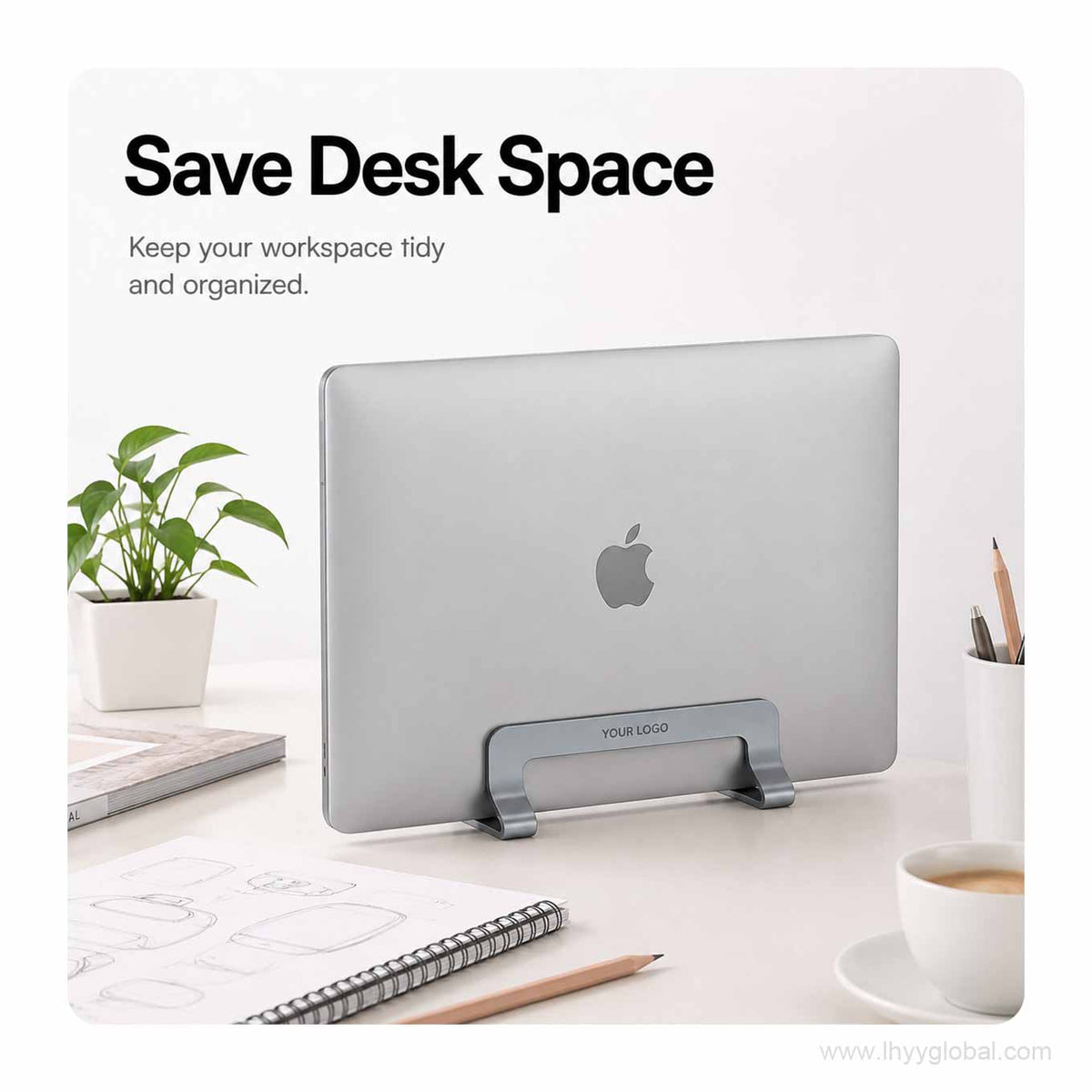 Custom logo vertical laptop stand holding a closed laptop upright to save desk space