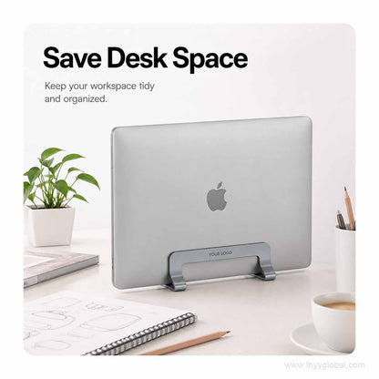 Custom logo vertical laptop stand holding a closed laptop upright to save desk space
