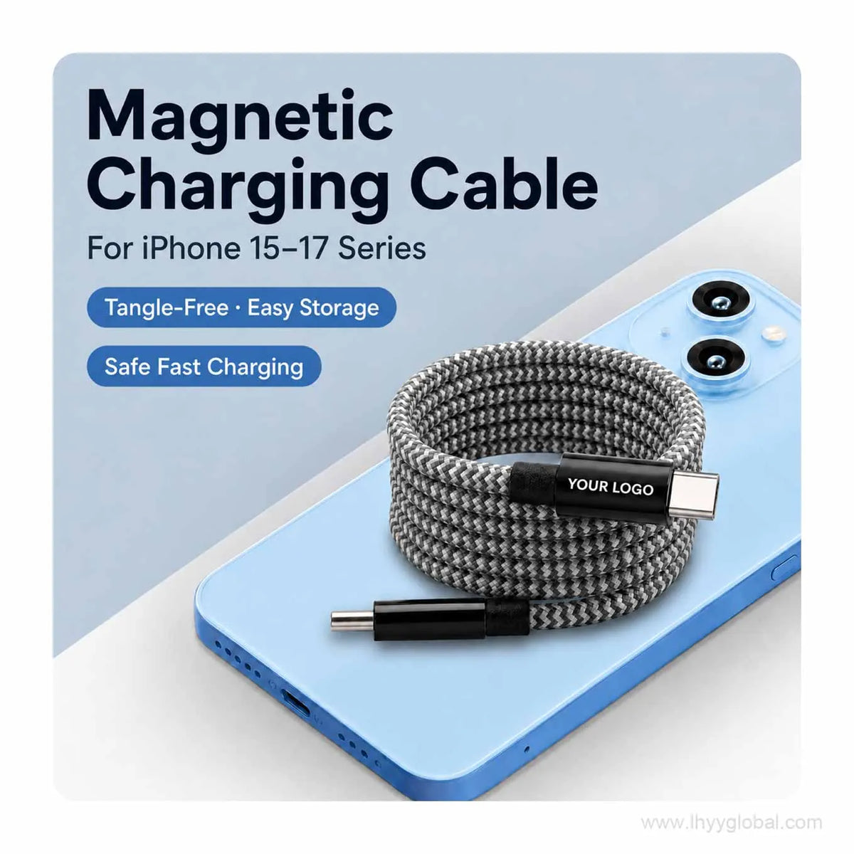 Silver gray braided magnetic self-coiling USB-C charging cable with custom logo area shown in a compact coiled design.