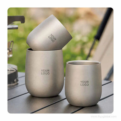 Stackable custom logo titanium cups nested together for compact outdoor storage