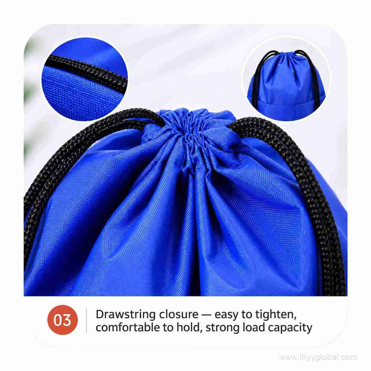 Close-up of the cinch drawstring closure and braided black cords on a blue promotional drawstring bag