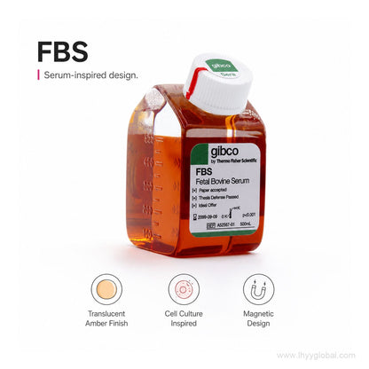 FBS scientific fridge magnet with translucent amber finish, serum-inspired design, and magnetic feature icons.