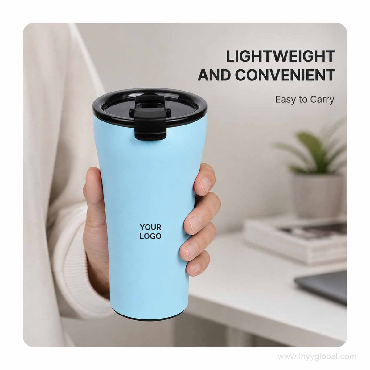 Lightweight blue custom logo insulated coffee tumbler held by hand for office and commuter use.