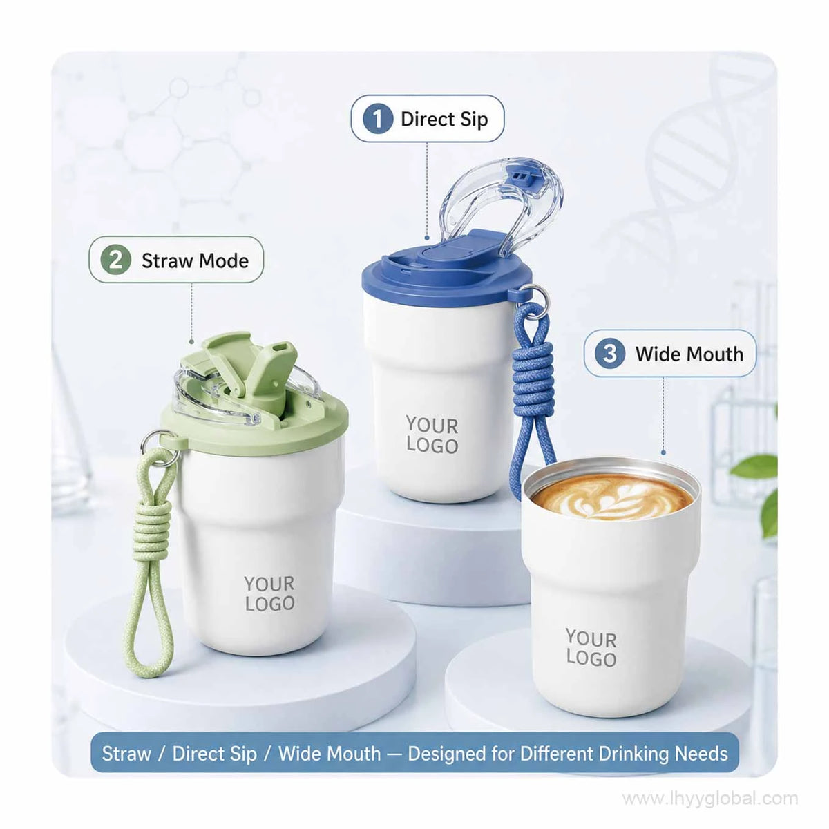 Three drinking configurations for custom 300 mL insulated coffee cup: direct sip, straw mode and wide mouth.