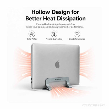 Custom logo vertical laptop stand with hollow open-base layout illustrated for improved airflow around a stored laptop