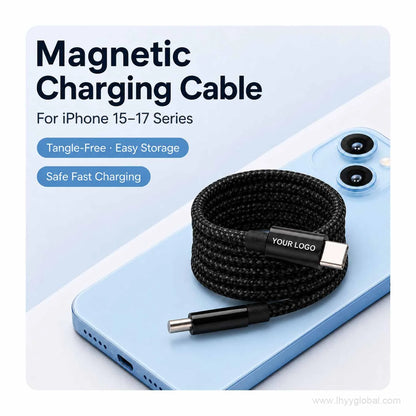 Midnight black magnetic self-coiling USB-C charging cable with customizable YOUR LOGO area.