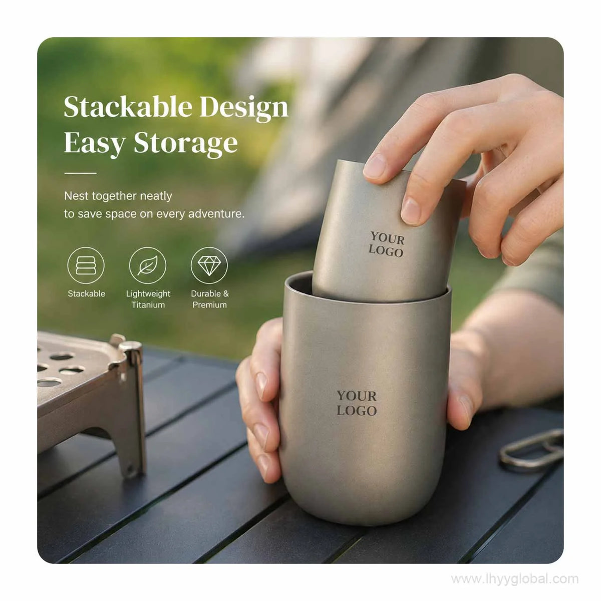 Stackable pure titanium double-wall cups showing space-saving nested storage
