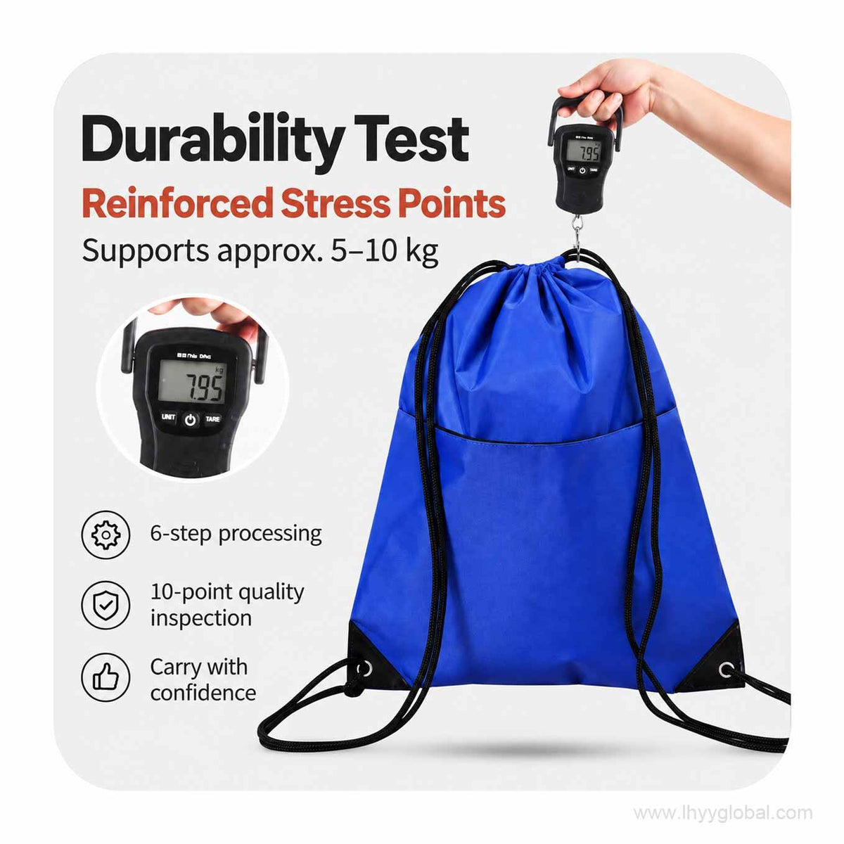 Blue custom drawstring bag durability test showing reinforced stress points and an approximate 5 to 10 kg load
