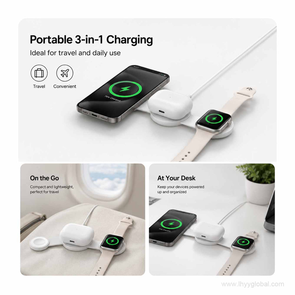 Portable 3-in-1 wireless charger for travel and desktop charging
