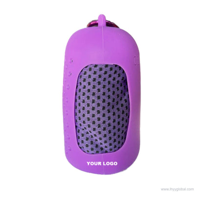 Purple portable cooling towel storage case with carrying clip
