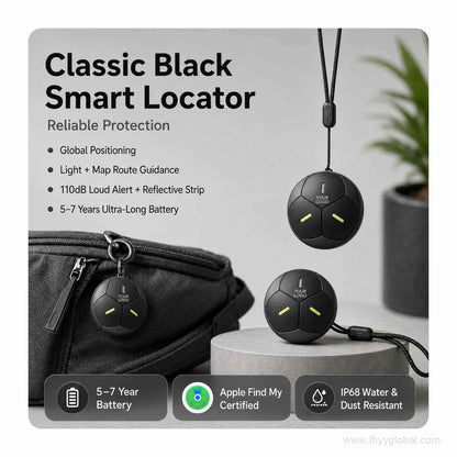 Round black smart locator reference design shown with a backpack and lanyard