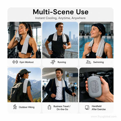 Cooling towel shown for gym workouts, running, swimming, hiking and business travel