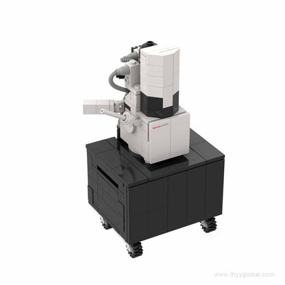 Thermo Scientific Axia ChemiSEM building block model, front three-quarter view with white instrument body and black cabinet base