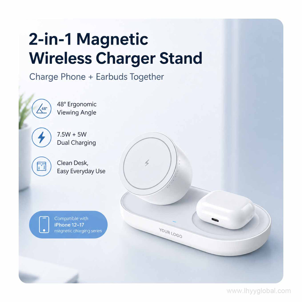 Custom logo 2-in-1 magnetic wireless charger stand for phone and wireless earbuds
