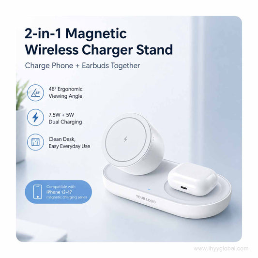 Custom logo 2-in-1 magnetic wireless charger stand for phone and wireless earbuds