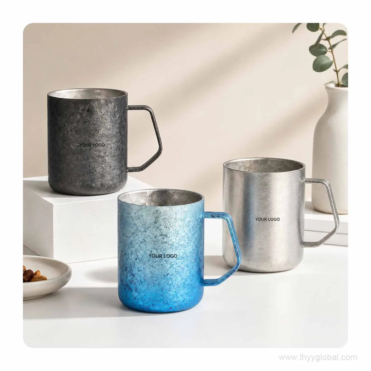 Custom logo pure titanium double-wall mug color options in silver, gradient blue and dark gray