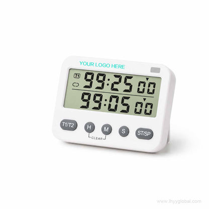 White digital dual timer with two timer displays on a clean white background