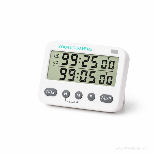 White digital dual timer with two timer displays on a clean white background