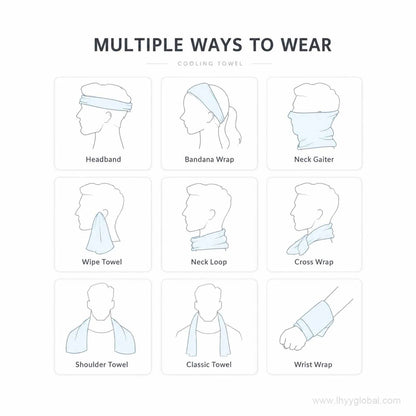 Cooling towel illustrated as a headband, neck wrap, shoulder towel and wrist wrap