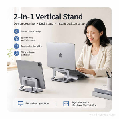 Custom logo vertical laptop stand used with a laptop and tablet in a clean office desk setup