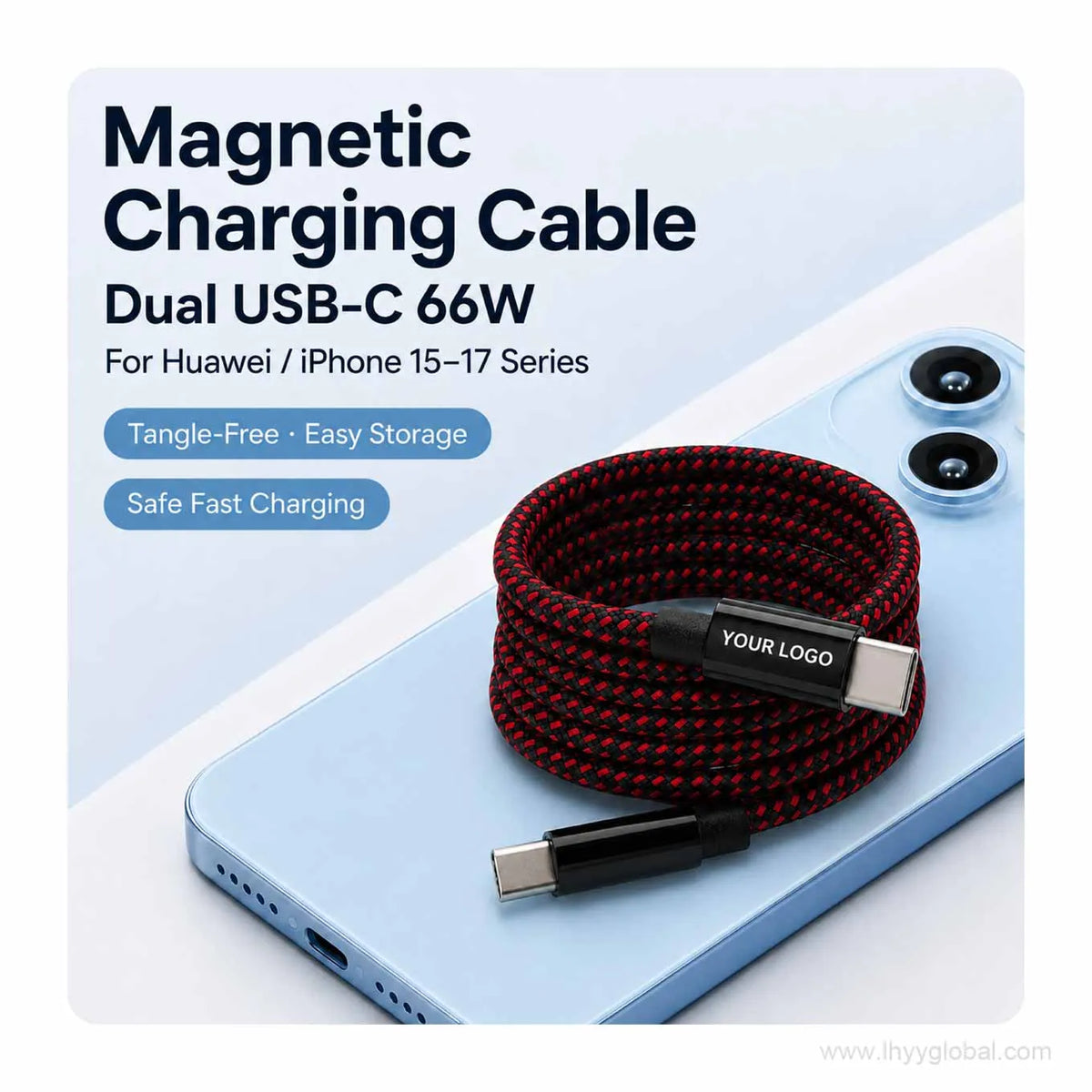 Red and black braided magnetic self-coiling USB-C charging cable with customizable YOUR LOGO area.