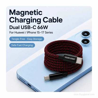 Red and black braided magnetic self-coiling USB-C charging cable with customizable YOUR LOGO area.