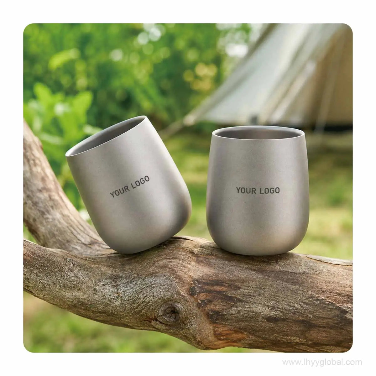 Custom logo pure titanium egg-shaped cups displayed in an outdoor camping setting