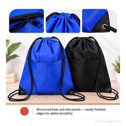 Blue and black drawstring bags showing zipper, drawstring closure and reinforced corner eyelet details