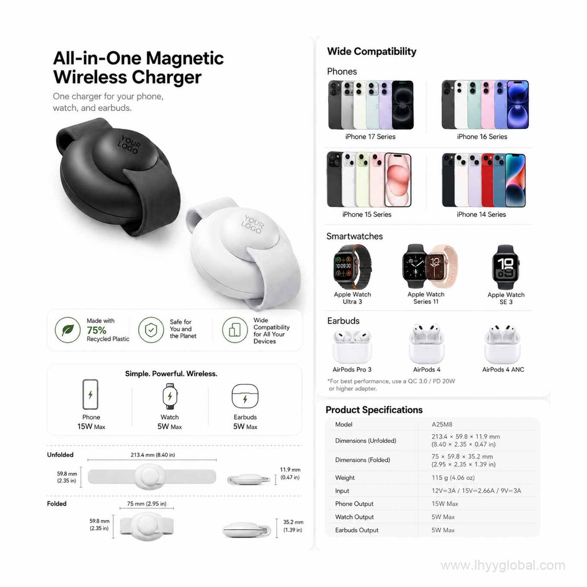 Foldable magnetic wireless charger dimensions, compatibility and power specifications
