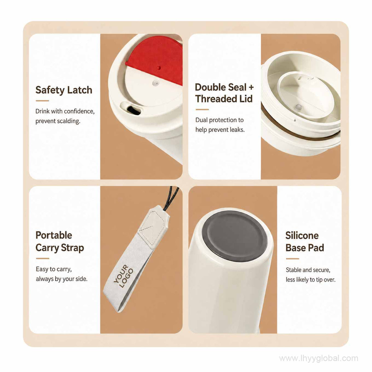 Detail view of safety latch, threaded lid, portable carry strap, and silicone base pad on ceramic-lined travel cup.