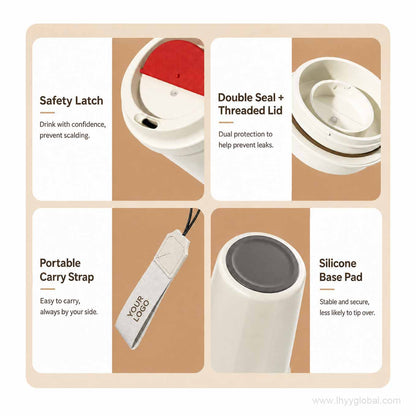 Detail view of safety latch, threaded lid, portable carry strap, and silicone base pad on ceramic-lined travel cup.