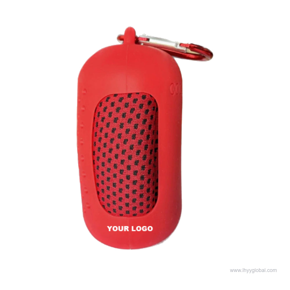 Red portable cooling towel storage case with carrying clip