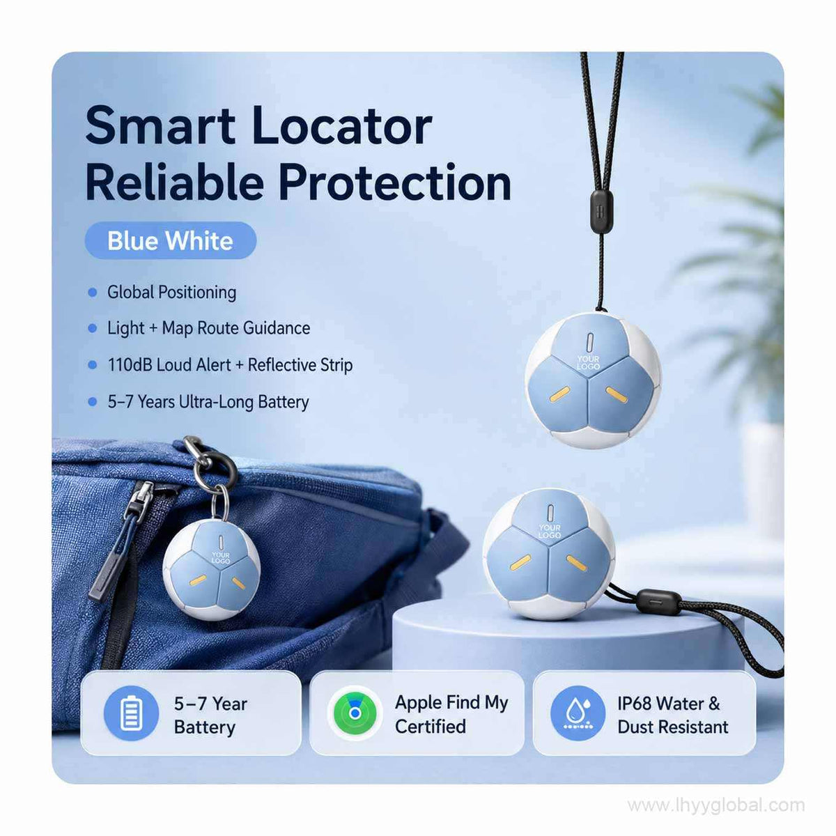 Round blue and white smart locator reference design shown with a bag and lanyard