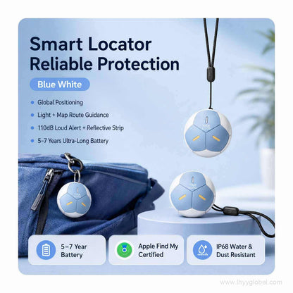 Round blue and white smart locator reference design shown with a bag and lanyard
