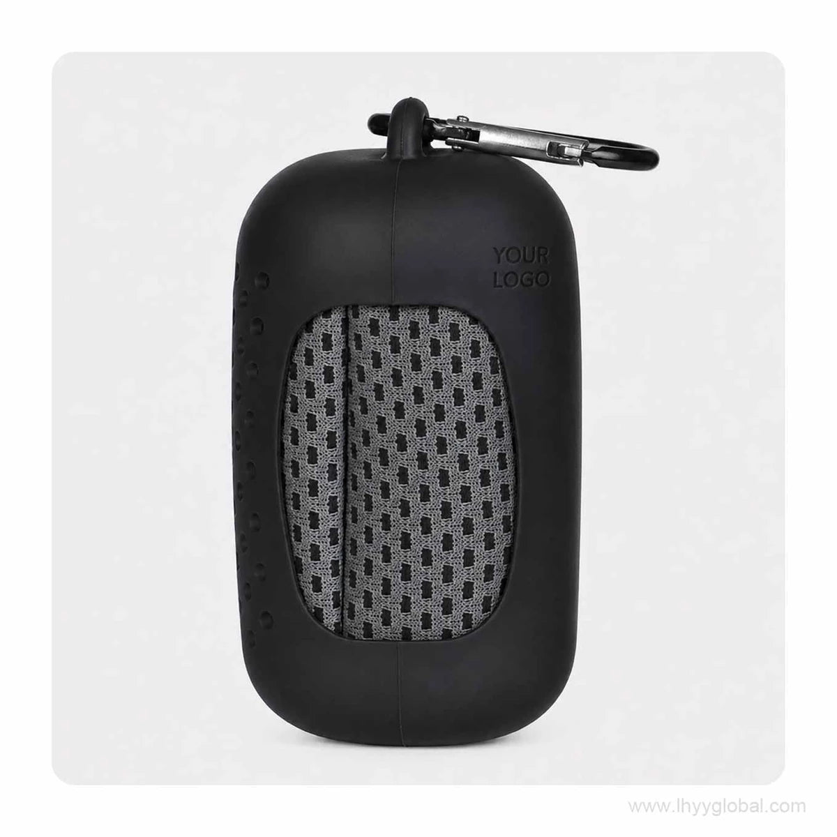 Black cooling towel in a matching silicone capsule case with carabiner