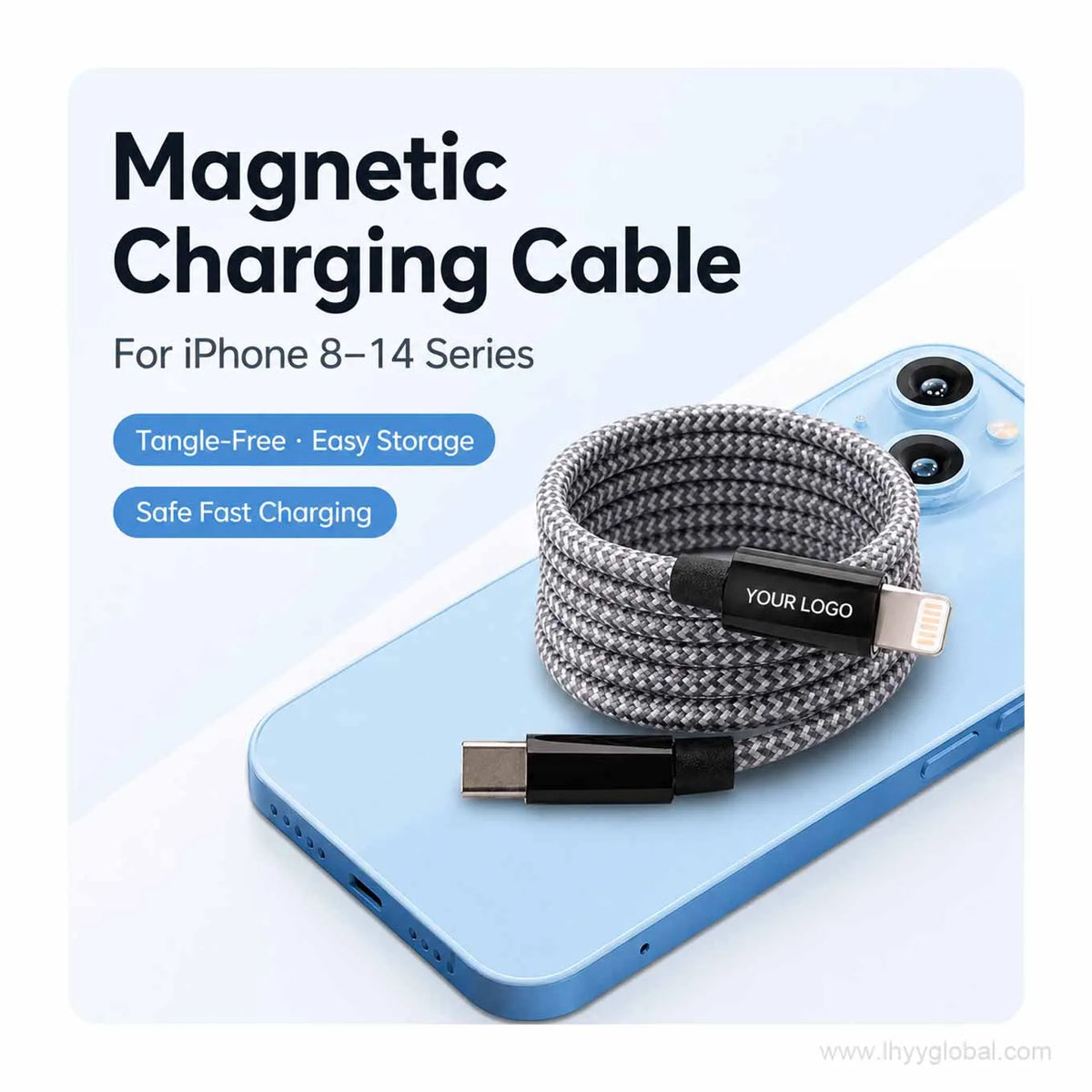 Silver gray magnetic self-coiling braided charging cable with USB-C and iPhone-style connector ends.